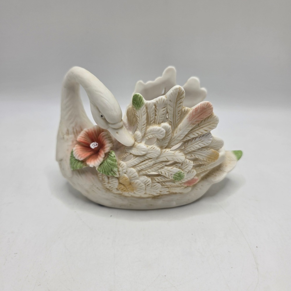 K's Collection Swan Figurine Porcelain Trinket Dish Floral Bisque Bird Decor